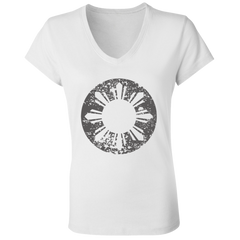 Sun and Stars in Circle Distressed Ladies' Jersey V-Neck T-Shirt