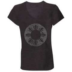 Sun and Stars in Circle Distressed Ladies' Jersey V-Neck T-Shirt