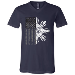 Filipino Sun with American Flag BW Unisex Jersey V-Neck T-Shirt