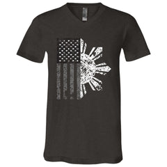 Filipino Sun with American Flag BW Unisex Jersey V-Neck T-Shirt