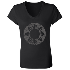 Sun and Stars in Circle Distressed Ladies' Jersey V-Neck T-Shirt