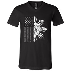 Filipino Sun with American Flag BW Unisex Jersey V-Neck T-Shirt