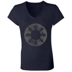 Sun and Stars in Circle Distressed Ladies' Jersey V-Neck T-Shirt