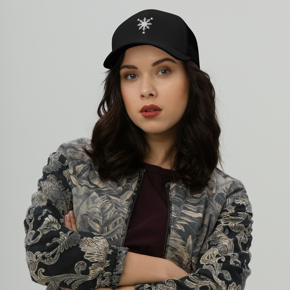 White Philippines Sun and Stars Embroidered Trucker Cap